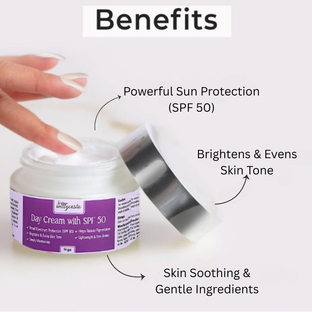 Wellycosta Day Cream with SPF 50 – Brightening, Hydrating & Sun Protection (50g)