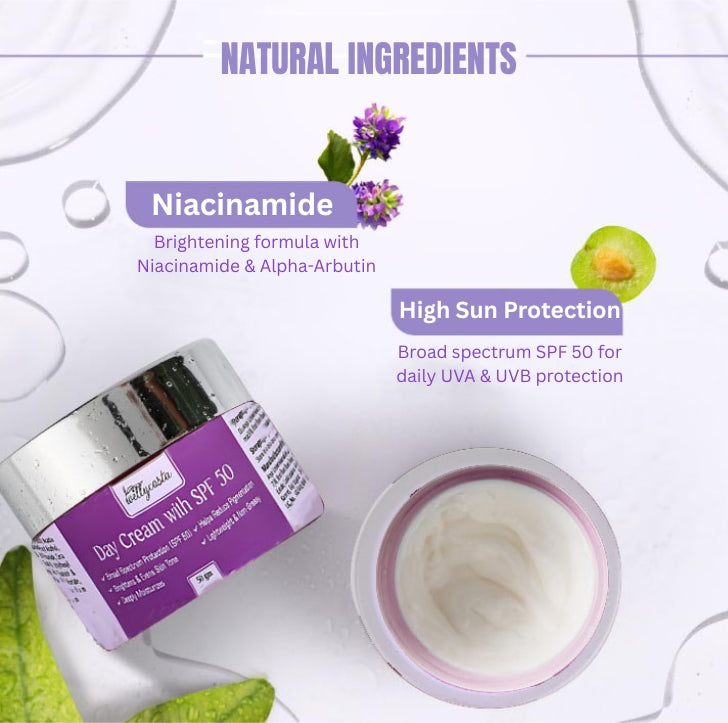 Wellycosta Day Cream with SPF 50 – Brightening, Hydrating & Sun Protection (50g)