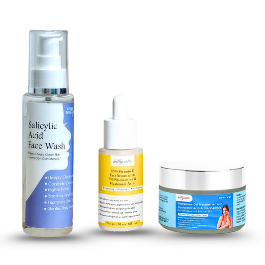 Wellycosta Clear & Glow Skincare Combo – Face Wash, Vitamin C Serum & Gel Moisturizer for Acne-Free, Radiant Skin