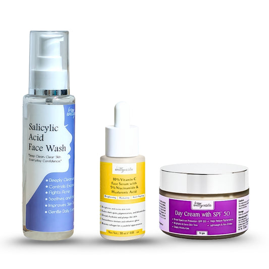 Wellycosta Brightening & Protection Skincare Kit – Face Wash, Vitamin C Serum & SPF 50 Day Cream for Glowing, Acne-Free Skin