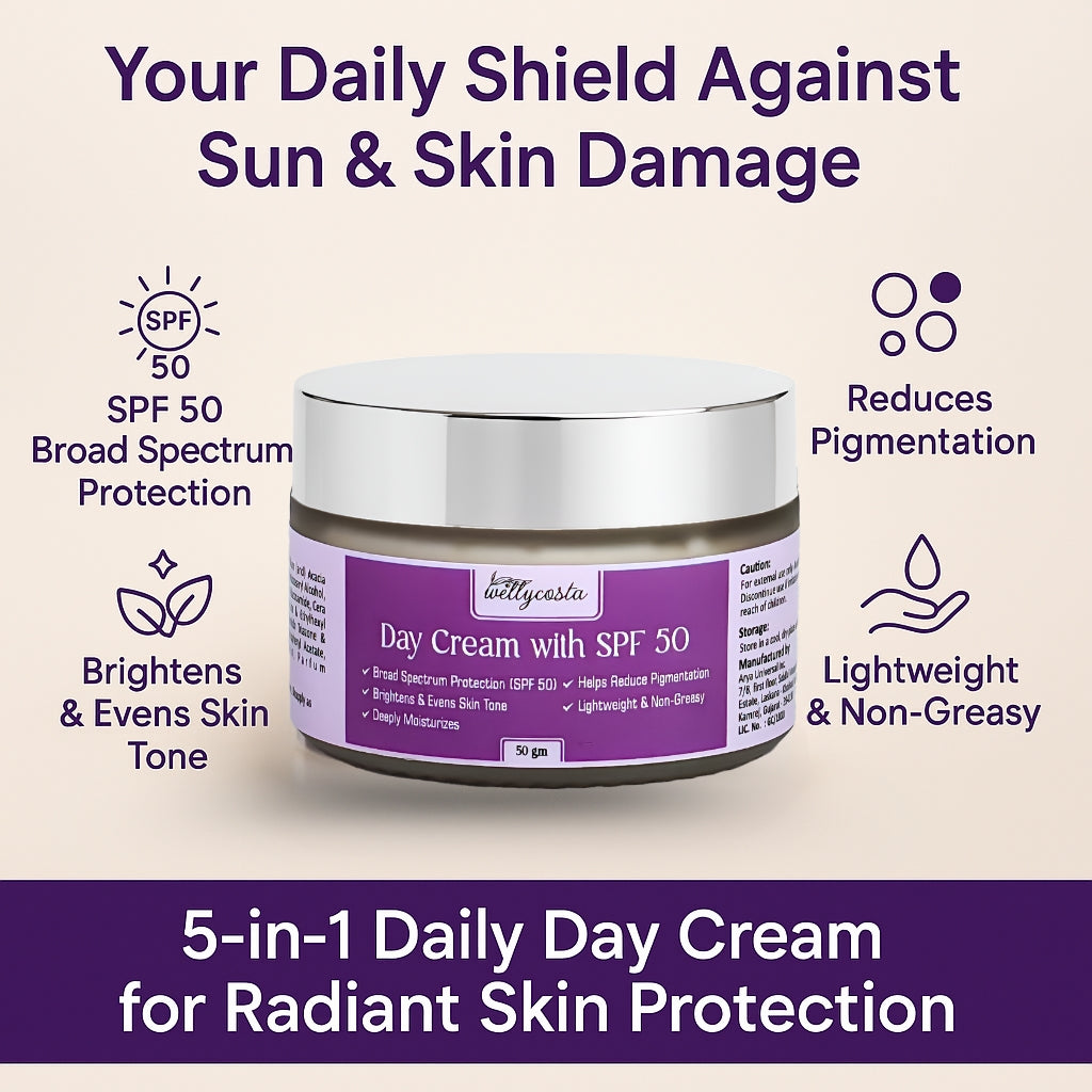 Wellycosta Day Cream with SPF 50 – Brightening, Hydrating & Sun Protection (50g)