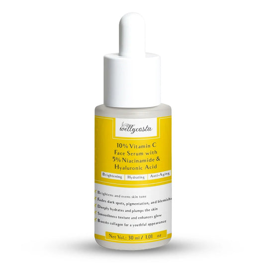Wellycosta 10% Vitamin C Face Serum with 5% Niacinamide & Hyaluronic Acid – Brightening, Hydrating & Anti-Aging (30ml)