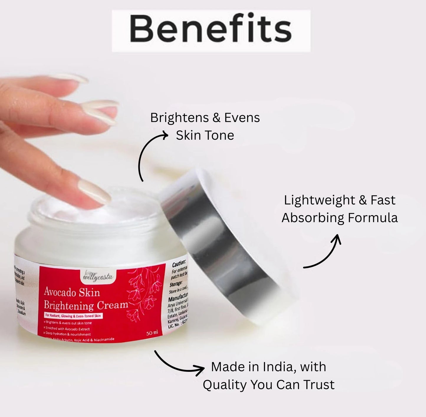 Wellycosta Avocado Skin Brightening Cream – For Radiant, Glowing & Even-Toned Skin (50gm)