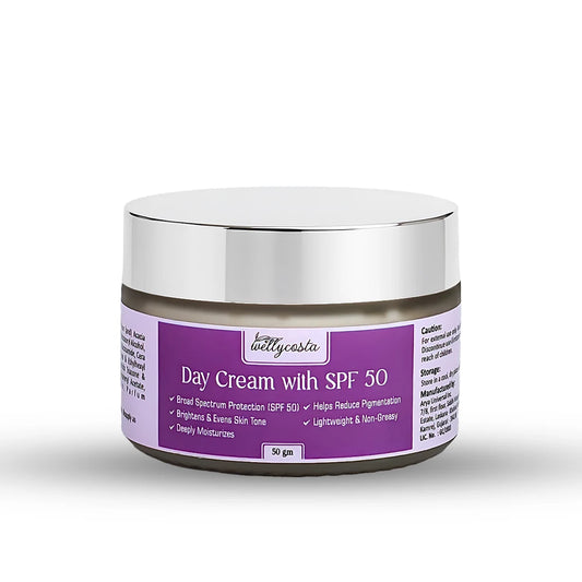 Wellycosta Day Cream with SPF 50 – Brightening, Hydrating & Sun Protection (50g)