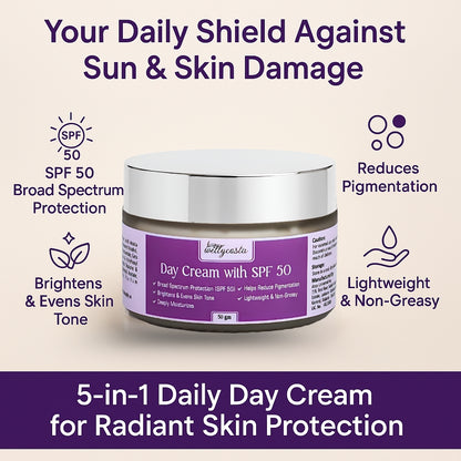 Wellycosta Day Cream with SPF 50 – Brightening, Hydrating & Sun Protection (50g)